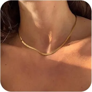 Tewiky Herringbone Necklace for Women Dainty 14k Gold Snake Chain Necklace Layered Gold Herringbone Double Flat Snake Chain Choker Necklace Thin Chunky Chain Necklace Gift for Her