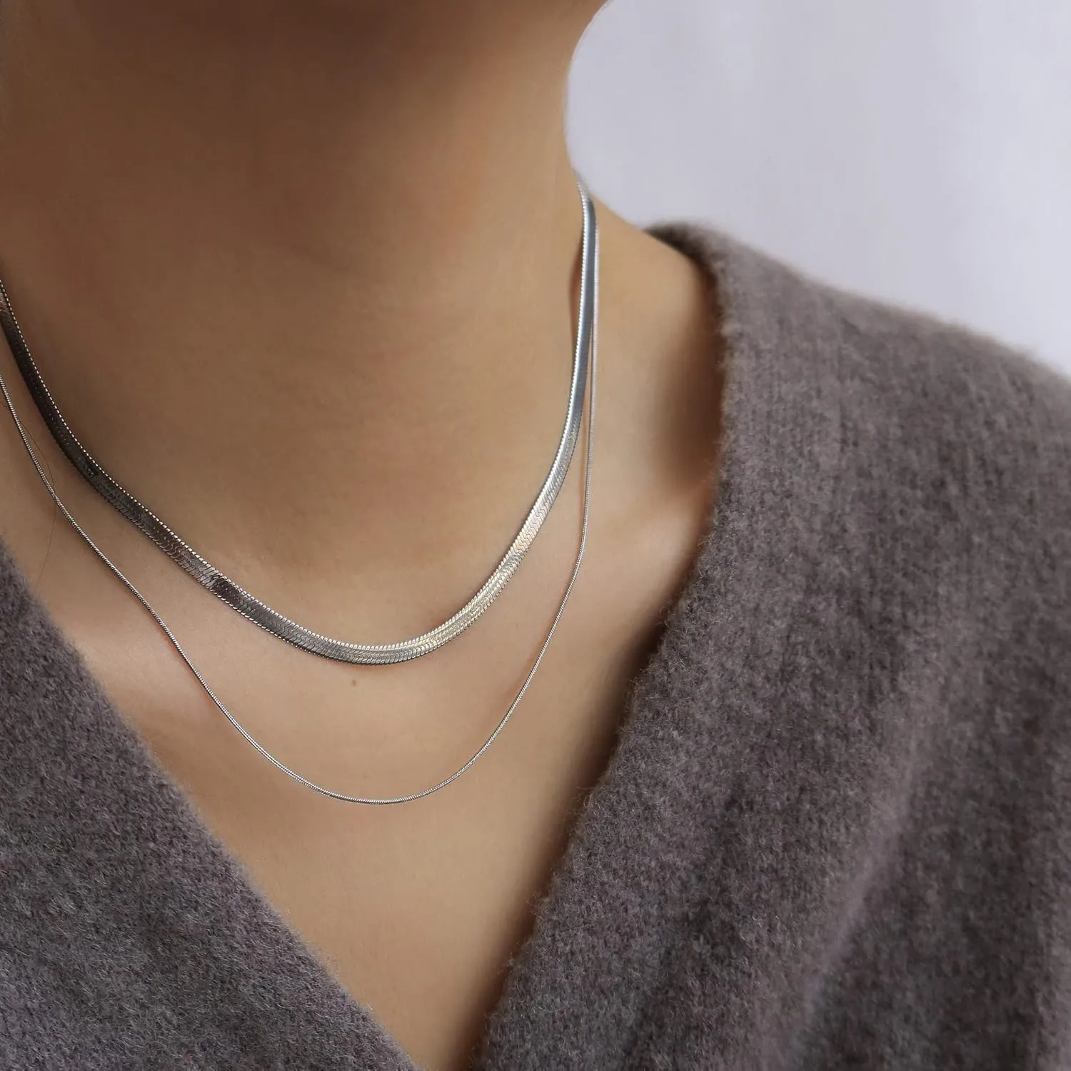 Tewiky Herringbone Necklace for Women Dainty 14k Gold Snake Chain Necklace Layered Gold Herringbone Double Flat Snake Chain Choker Necklace Thin Chunky Chain Necklace Gift for Her