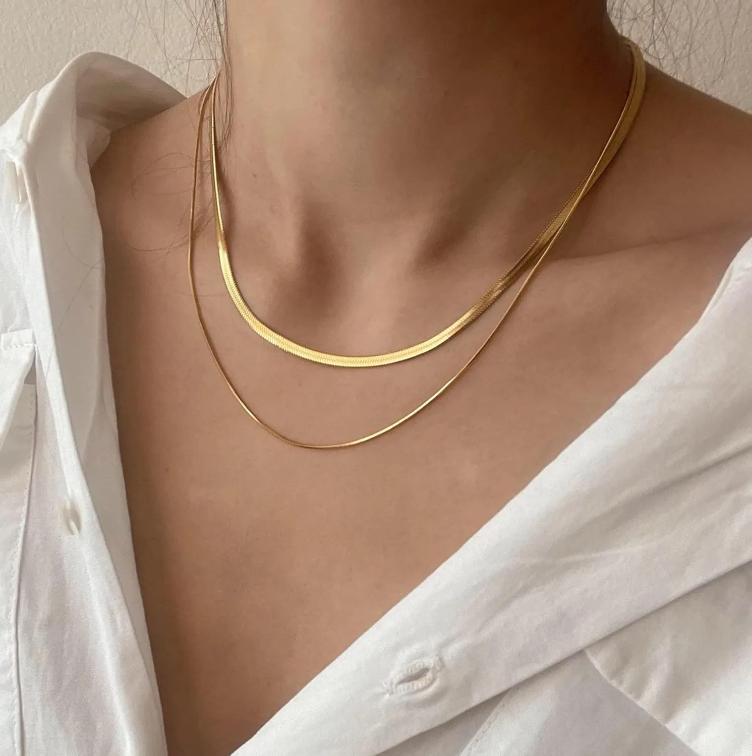 Tewiky Herringbone Necklace for Women Dainty 14k Gold Snake Chain Necklace Layered Gold Herringbone Double Flat Snake Chain Choker Necklace Thin Chunky Chain Necklace Gift for Her
