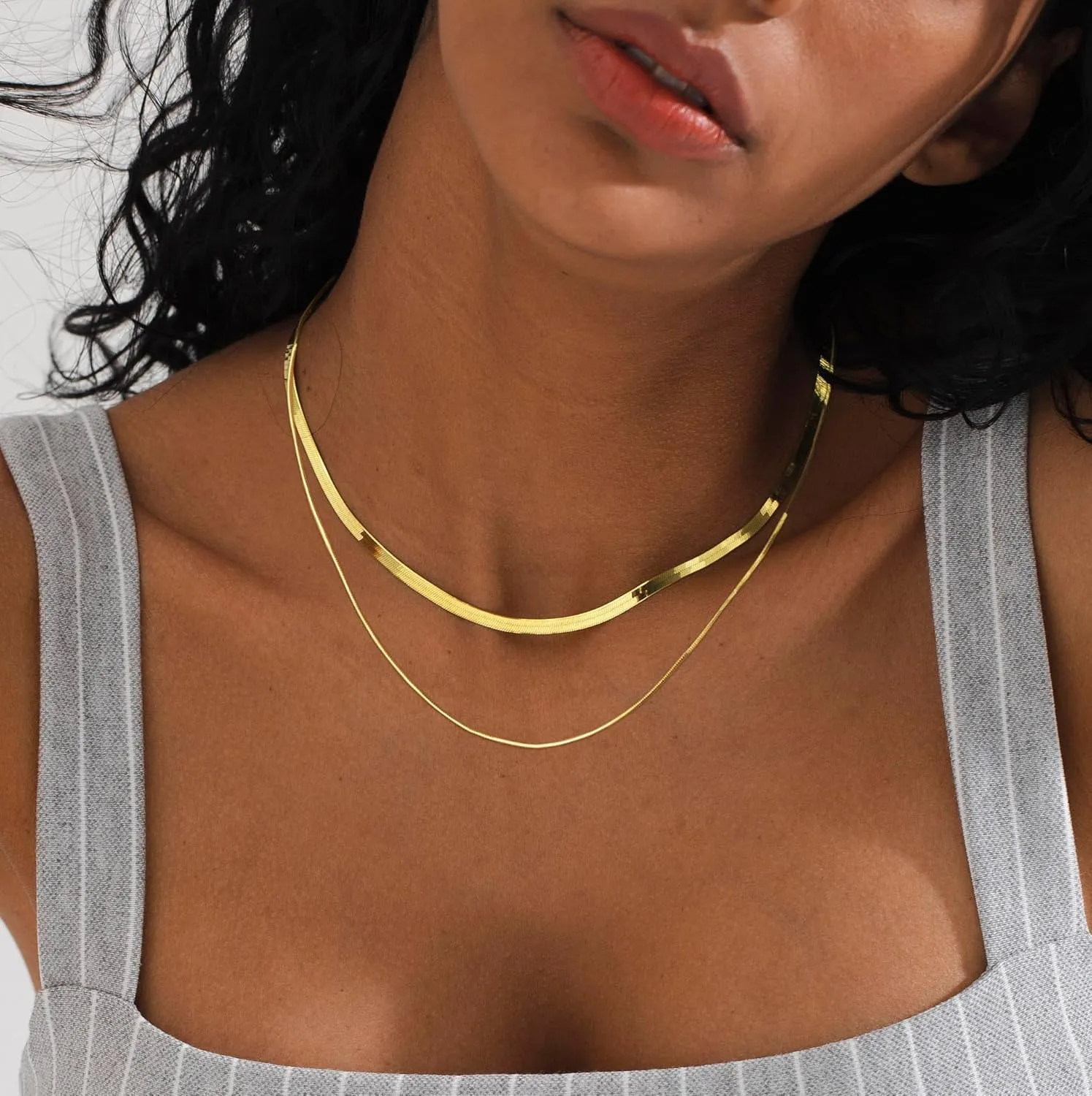 Tewiky Herringbone Necklace for Women Dainty 14k Gold Snake Chain Necklace Layered Gold Herringbone Double Flat Snake Chain Choker Necklace Thin Chunky Chain Necklace Gift for Her