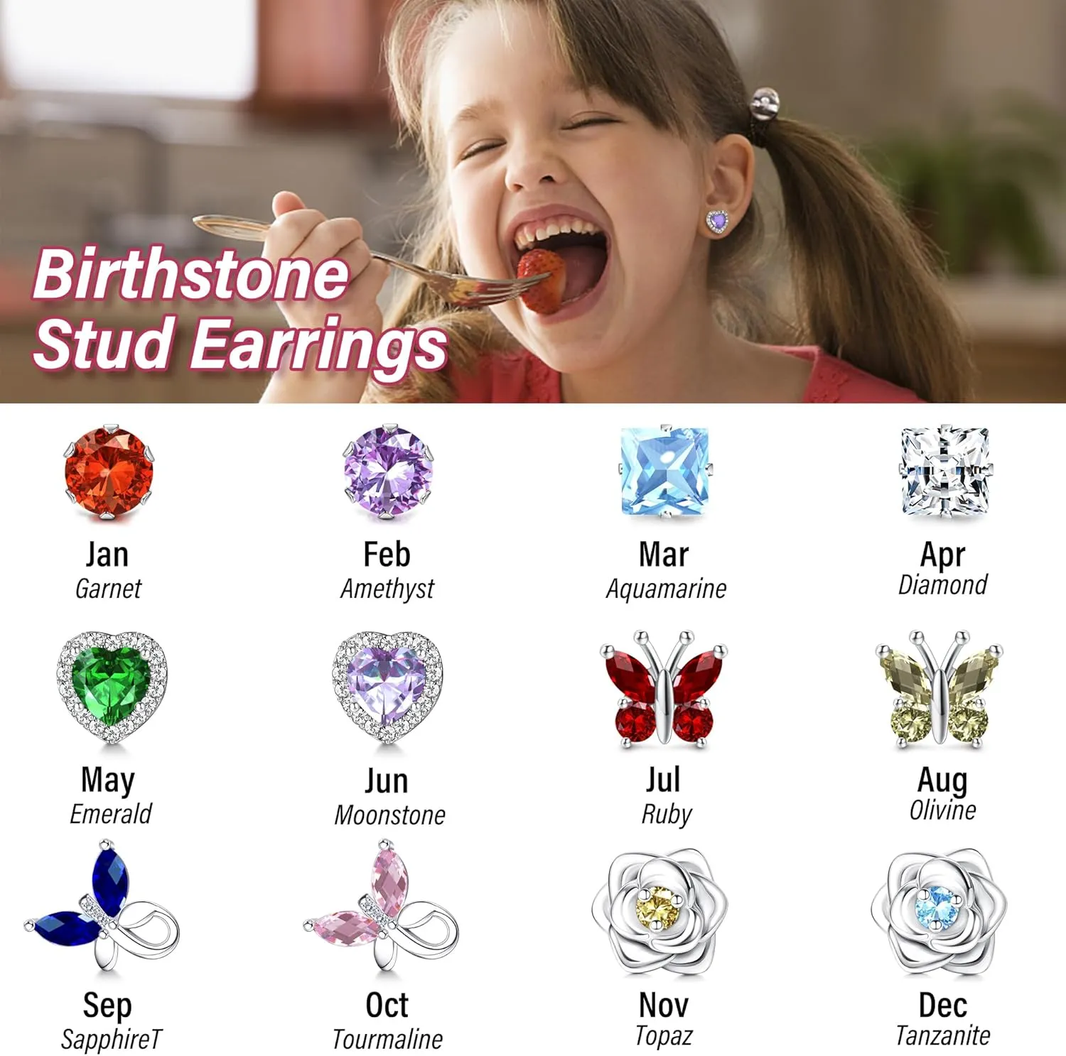 THUNARAZ Hypoallergenic Birthstone Stud Earrings for Women Butterfly Flower Heart CZ Screw Back Earrings Jewelry Gift for Birthday Christmas