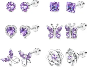 THUNARAZ Hypoallergenic Birthstone Stud Earrings for Women Butterfly Flower Heart CZ Screw Back Earrings Jewelry Gift for Birthday Christmas