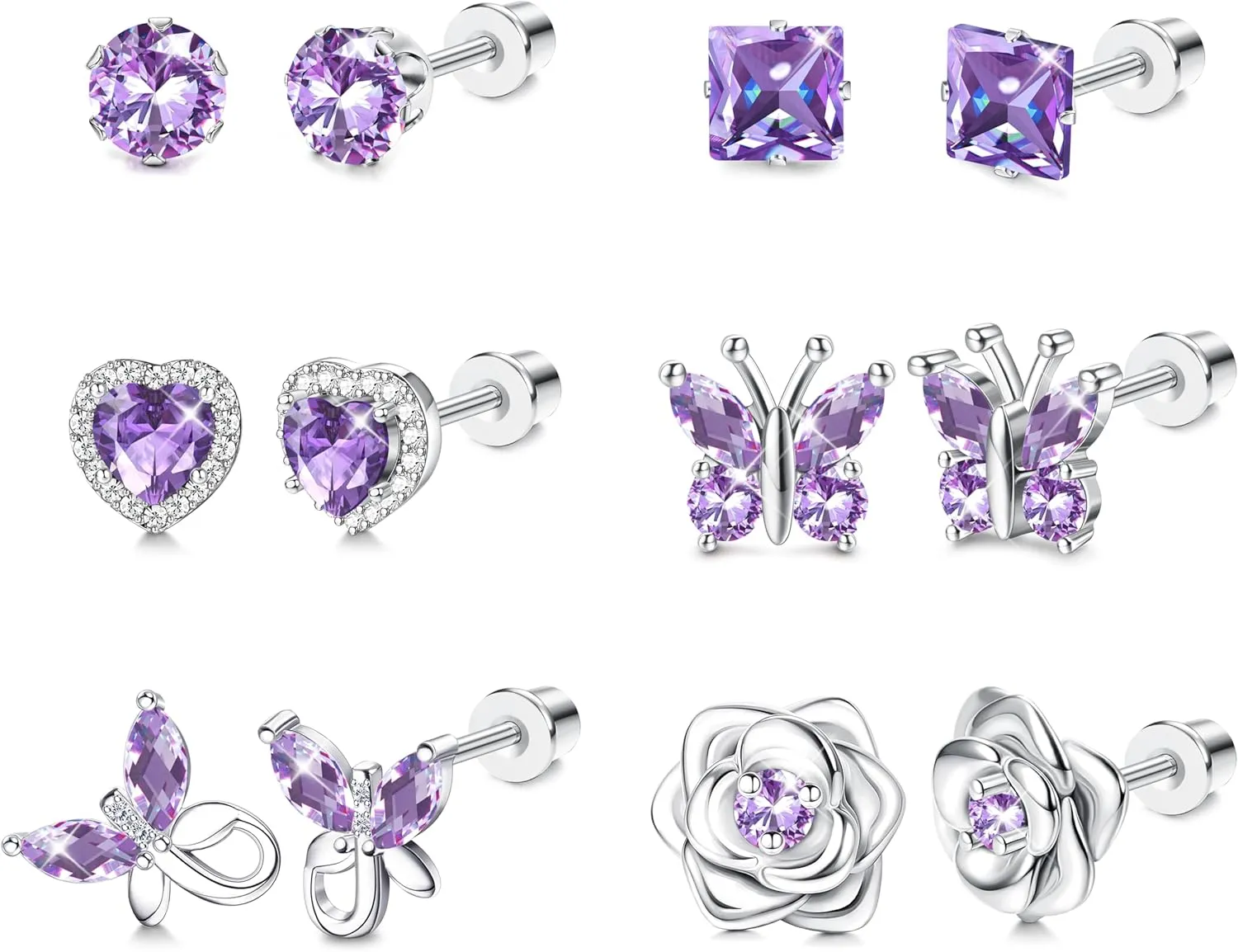 THUNARAZ Hypoallergenic Birthstone Stud Earrings for Women Butterfly Flower Heart CZ Screw Back Earrings Jewelry Gift for Birthday Christmas