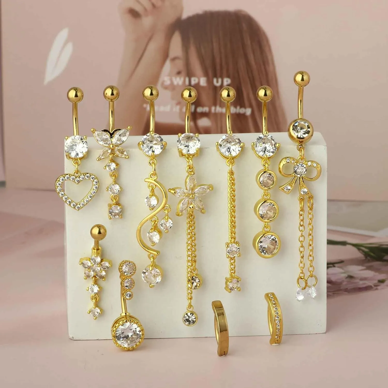 TIANCI FBYJS 14G Women Belly Button Rings Surgical Stainless Steel Belly Rings For Gril 10mm Belly Bar Body Piercing Navel Jewelry 11pcs