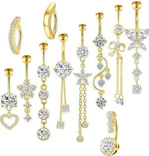 TIANCI FBYJS 14G Women Belly Button Rings Surgical Stainless Steel Belly Rings For Gril 10mm Belly Bar Body Piercing Navel Jewelry 11pcs
