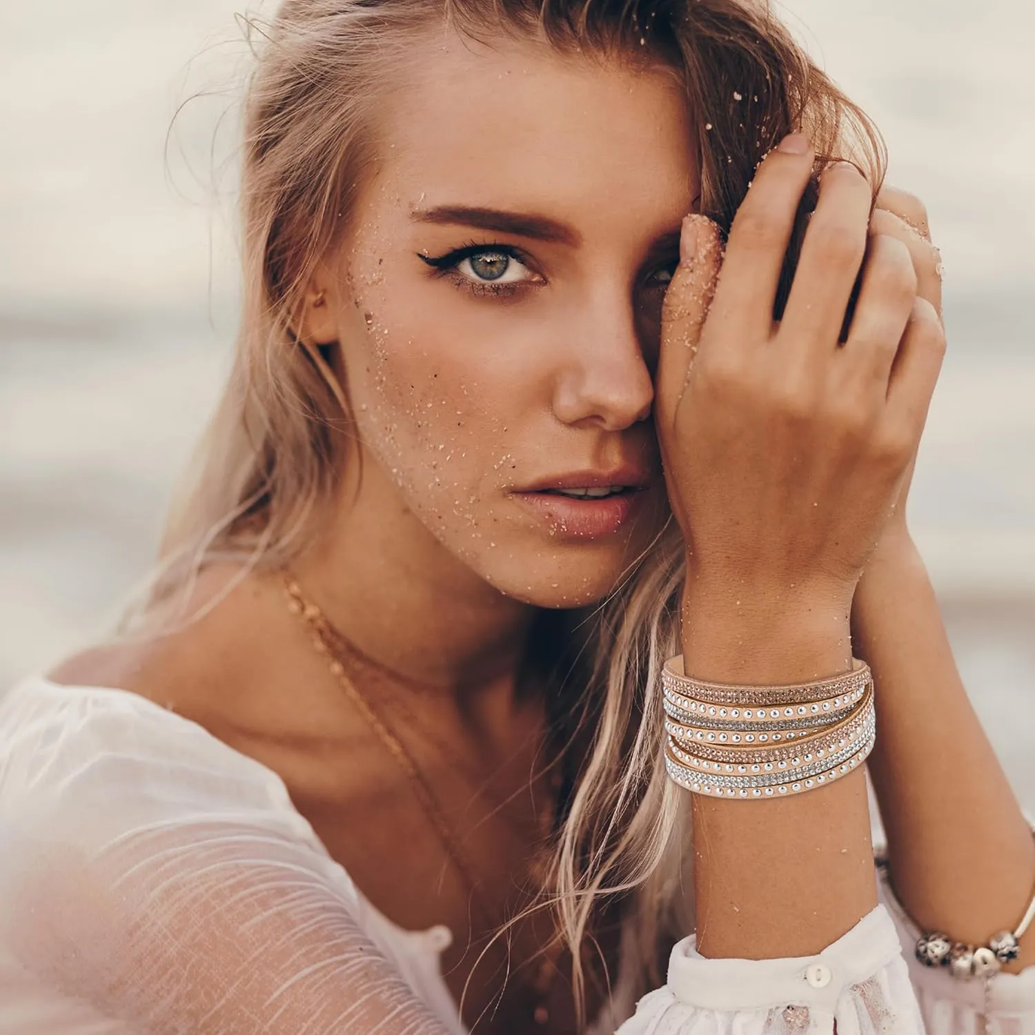 Tiantian Trendy Boho Jewelry - Multilayer Stackable Bangle Bracelets with Crystal Rhinestone Leather Wrap Design for Women