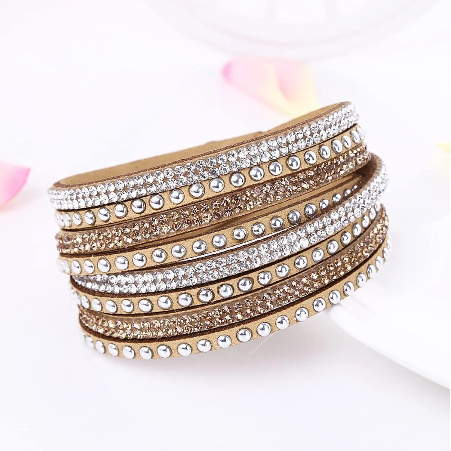 Tiantian Trendy Boho Jewelry - Multilayer Stackable Bangle Bracelets with Crystal Rhinestone Leather Wrap Design for Women