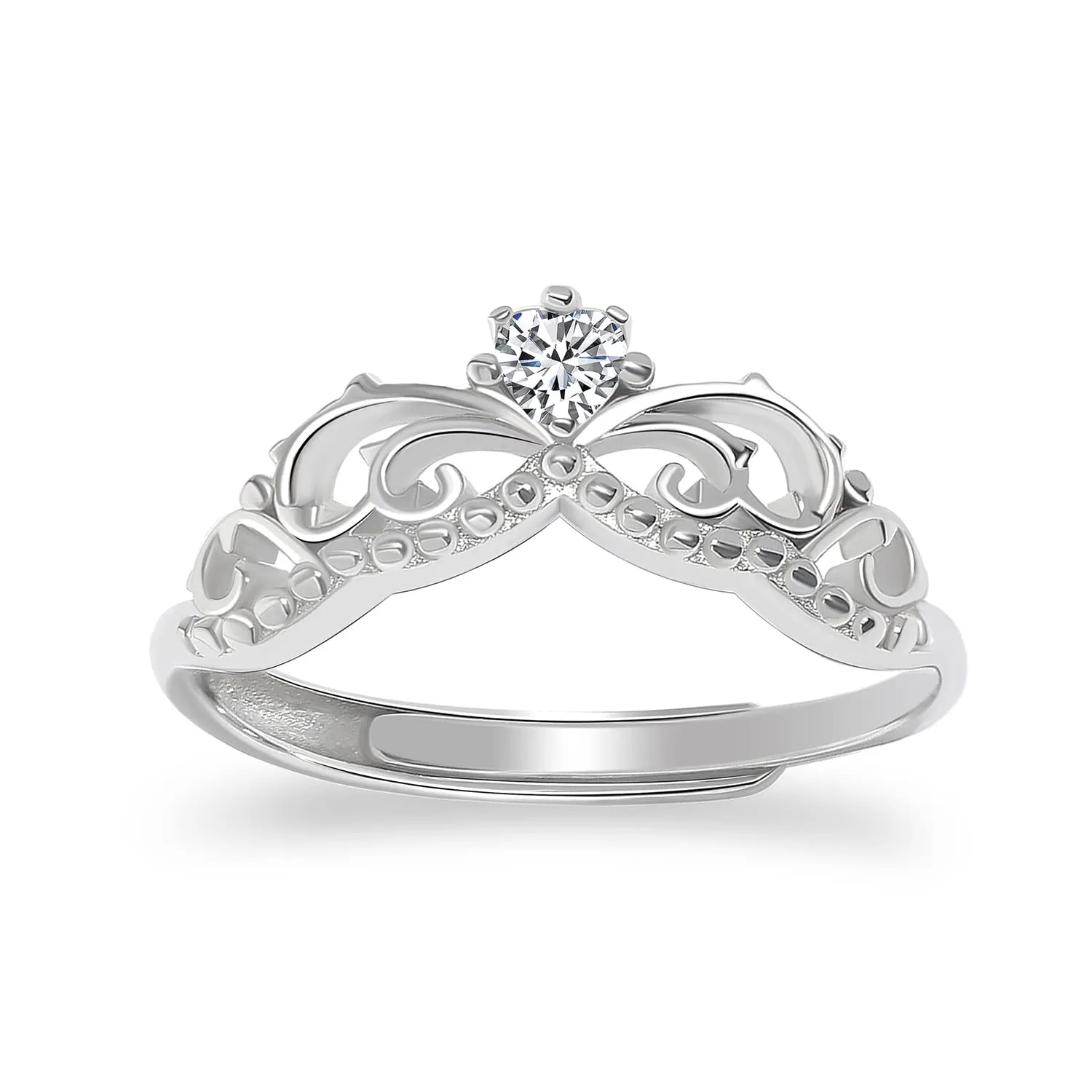 Tiara Ring 925 Sterling Silver Princess Crown Ring for Women Unique Open Back Size Adjustable Promise Ring Girls Gifts (Silver)