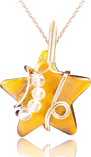 Tiger 's Eye Stone Necklace Healing Crystal Star Crystal Pendant Necklace with Round Beads Mothers Necklace Natural Stone Spiritual Chakra Pendant Necklaces for Women Men