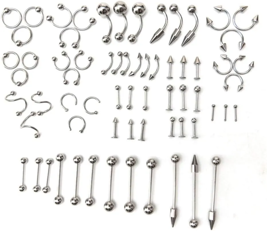 Timesuper 60PCS Mixed Stainless Steel Body Piercing Jewelry Tongue Lip Eyebrow Nose Stud Body Piercing Navel Belly Ring Bar Ring