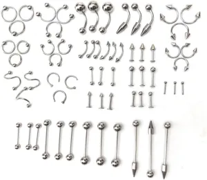 Timesuper 60PCS Mixed Stainless Steel Body Piercing Jewelry Tongue Lip Eyebrow Nose Stud Body Piercing Navel Belly Ring Bar Ring