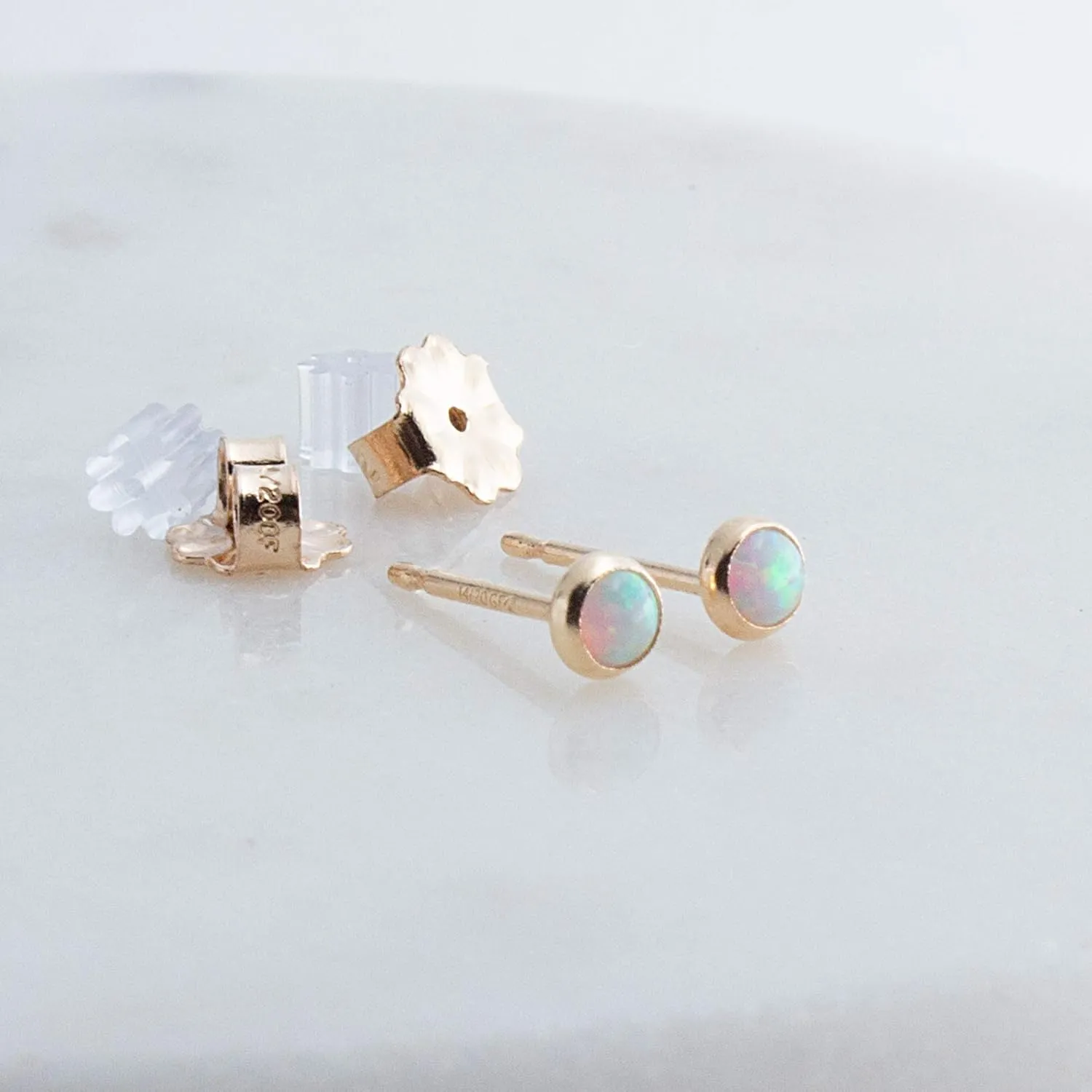 Tiny Gold Stud Piercing Earrings Bezel Set for Cartilage Tragus Helix Multiple Hypoallergenic Birthstone Jewelry for Women (White Opal | 3mm GF)