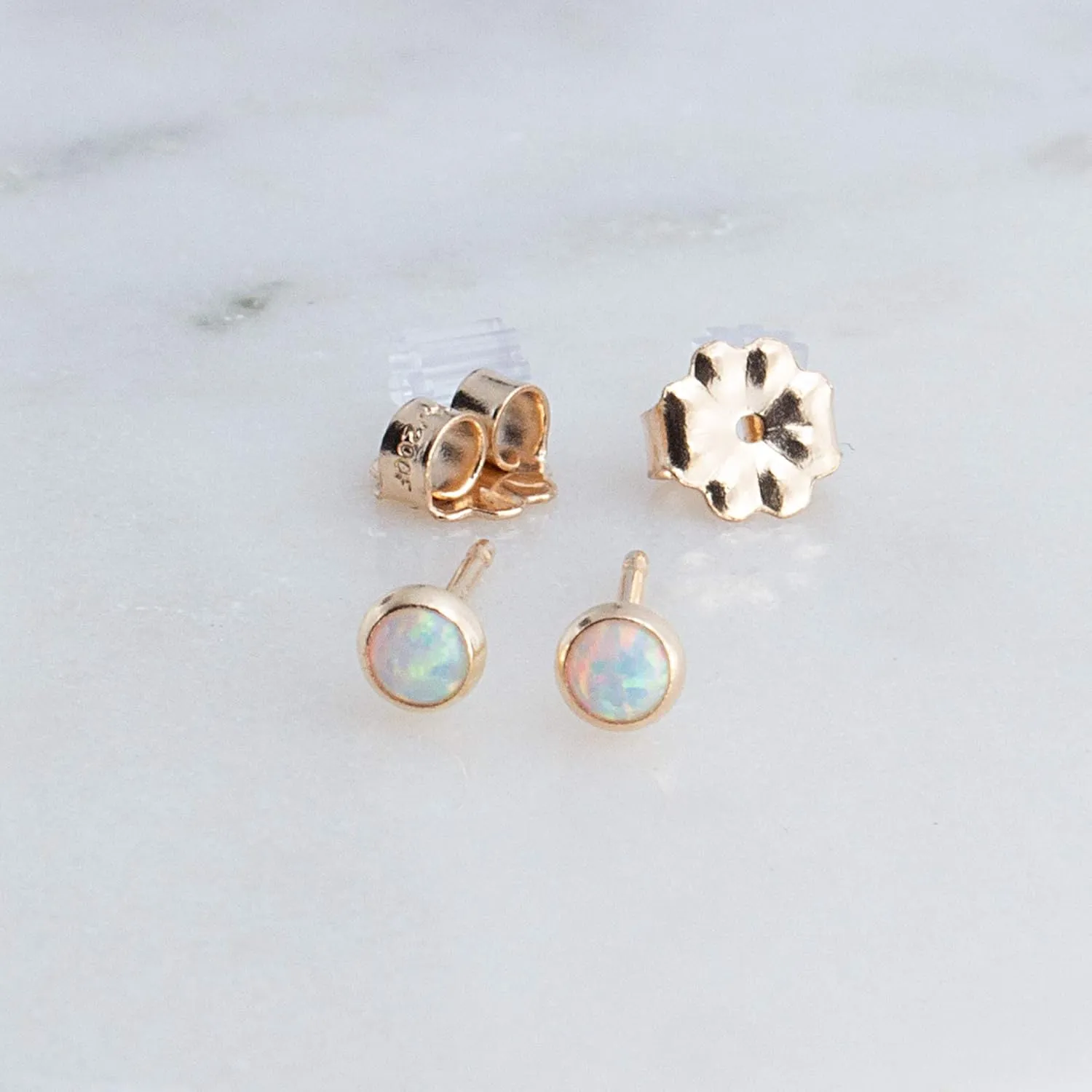 Tiny Gold Stud Piercing Earrings Bezel Set for Cartilage Tragus Helix Multiple Hypoallergenic Birthstone Jewelry for Women (White Opal | 3mm GF)