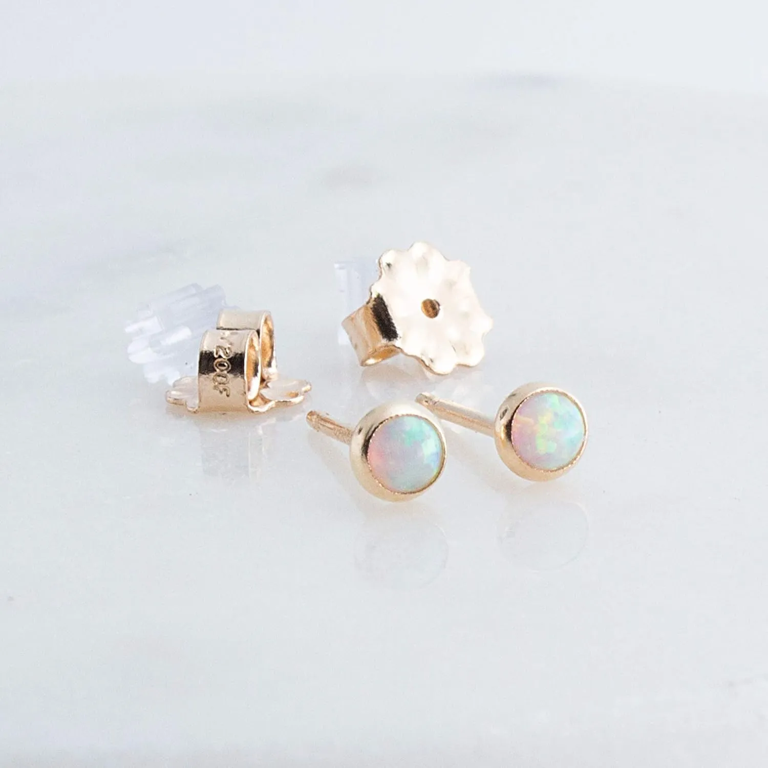 Tiny Gold Stud Piercing Earrings Bezel Set for Cartilage Tragus Helix Multiple Hypoallergenic Birthstone Jewelry for Women (White Opal | 3mm GF)