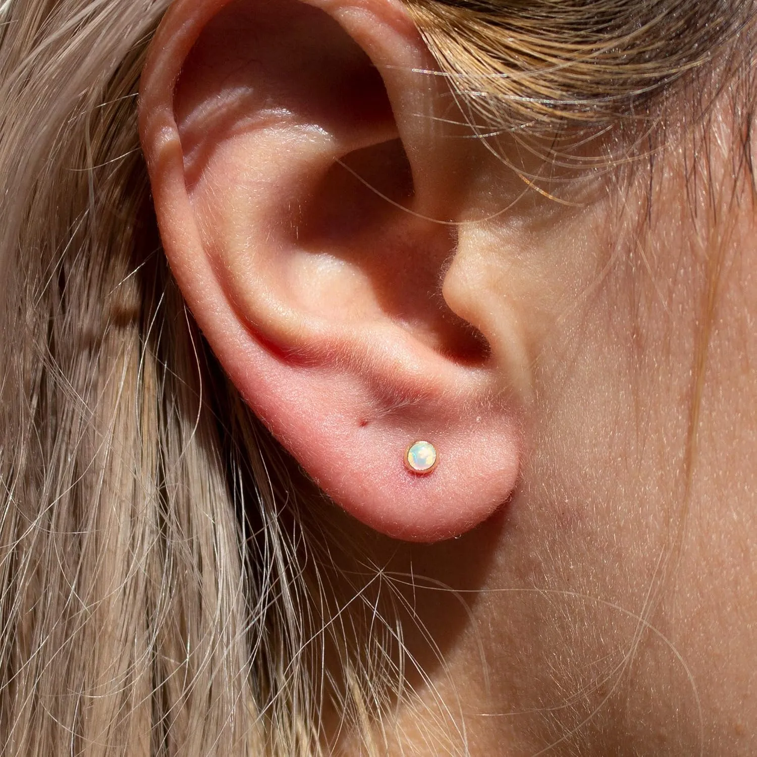 Tiny Gold Stud Piercing Earrings Bezel Set for Cartilage Tragus Helix Multiple Hypoallergenic Birthstone Jewelry for Women (White Opal | 3mm GF)