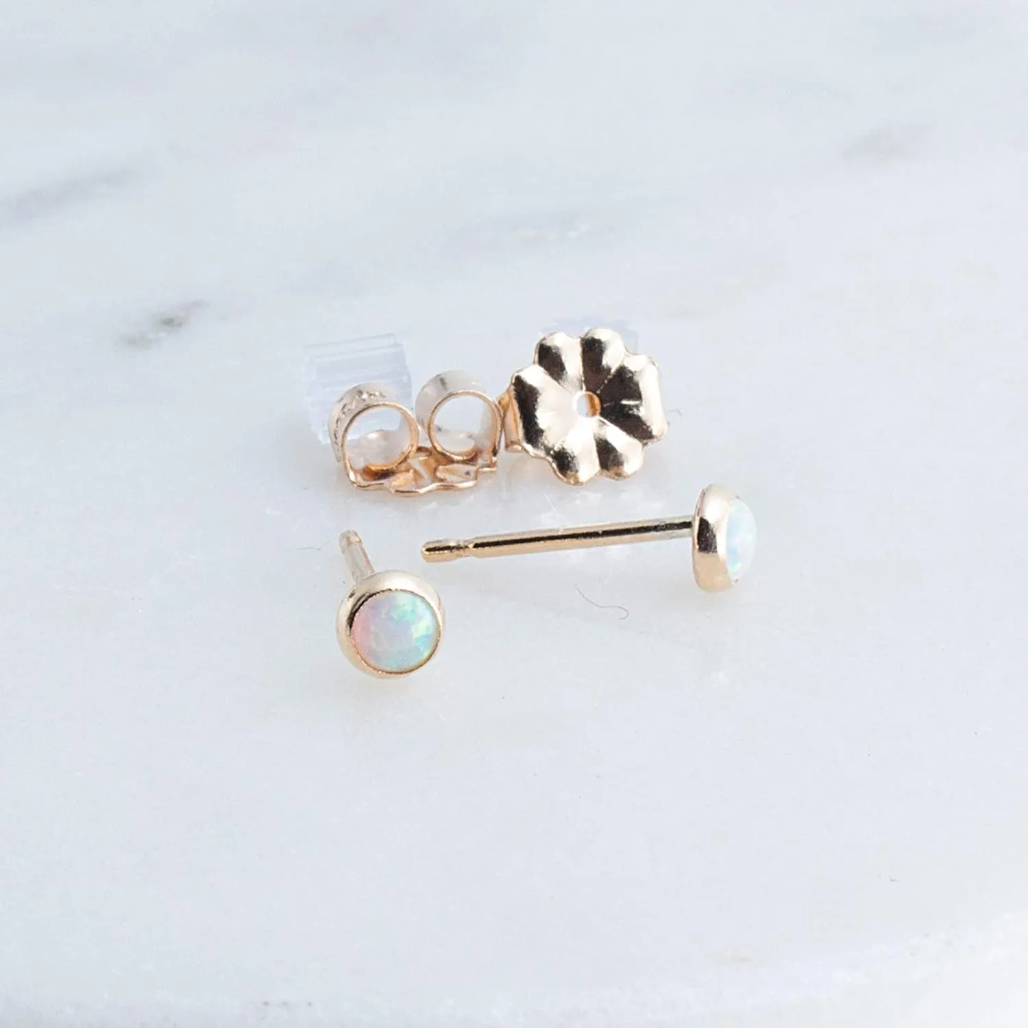 Tiny Gold Stud Piercing Earrings Bezel Set for Cartilage Tragus Helix Multiple Hypoallergenic Birthstone Jewelry for Women (White Opal | 3mm GF)