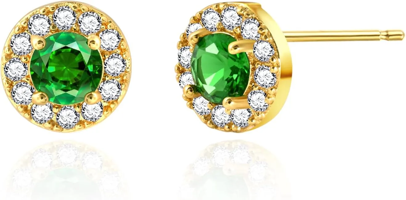 Tiny Round Emerald Green Cubic Zirconia Studs - 18K Gold Plated Hypoallergenic Green and Gold Earrings for Women - Emerald Jewelry, 7MM