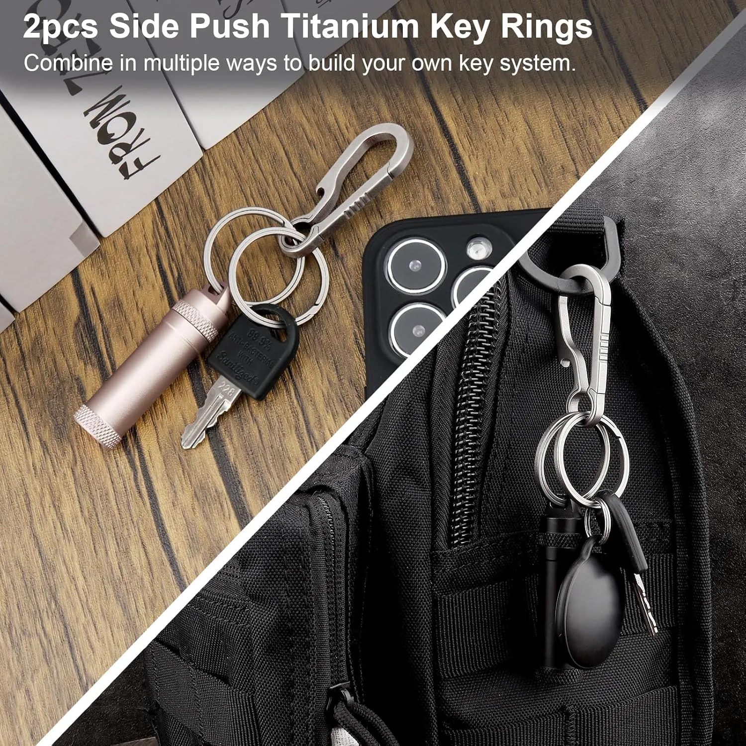 Titanium Key Rings Heavy Duty Side Pushing Split Keyrings for Key Carabiner Quick Release Keychain Rings