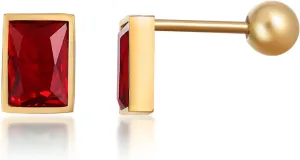 Titanium Screw Ball Back Earrings Rectangle Red Cubic Zirconia 18K Gold Plated 316L Surgical Stainless Steel Simulated Ruby CZ Hypoallergenic for Sensitive Ear for Women Men Helix Piercing Post