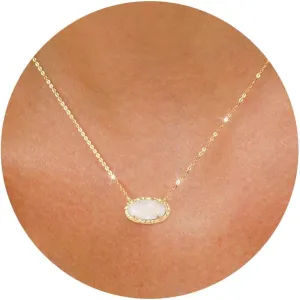 TLY Gold Necklace for Women Non Tarnish 14k Gold Plated Dainty Preppy Pendant Necklace Oval Gemstone Crystal Druzy Stone Rose Quartz Choker Necklace Birthday Wedding Everday Birthstone Jewelry Gifts for Mom