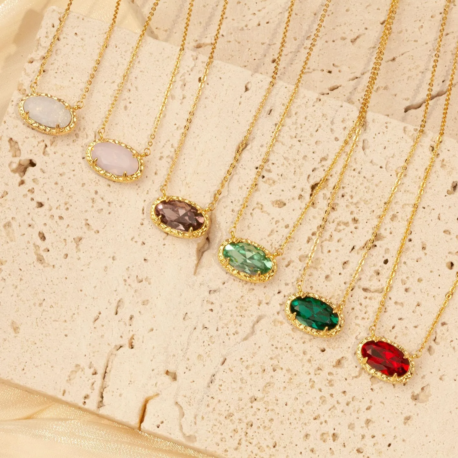 TLY Gold Necklace for Women Non Tarnish 14k Gold Plated Dainty Preppy Pendant Necklace Oval Gemstone Crystal Druzy Stone Rose Quartz Choker Necklace Birthday Wedding Everday Birthstone Jewelry Gifts for Mom