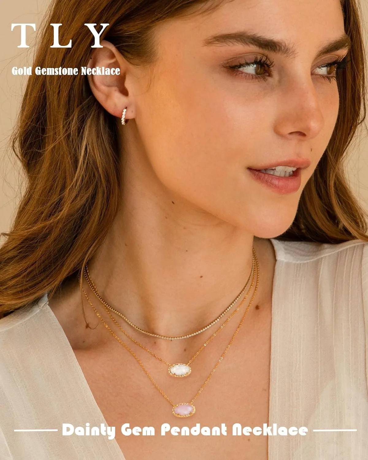 TLY Gold Necklace for Women Non Tarnish 14k Gold Plated Dainty Preppy Pendant Necklace Oval Gemstone Crystal Druzy Stone Rose Quartz Choker Necklace Birthday Wedding Everday Birthstone Jewelry Gifts for Mom