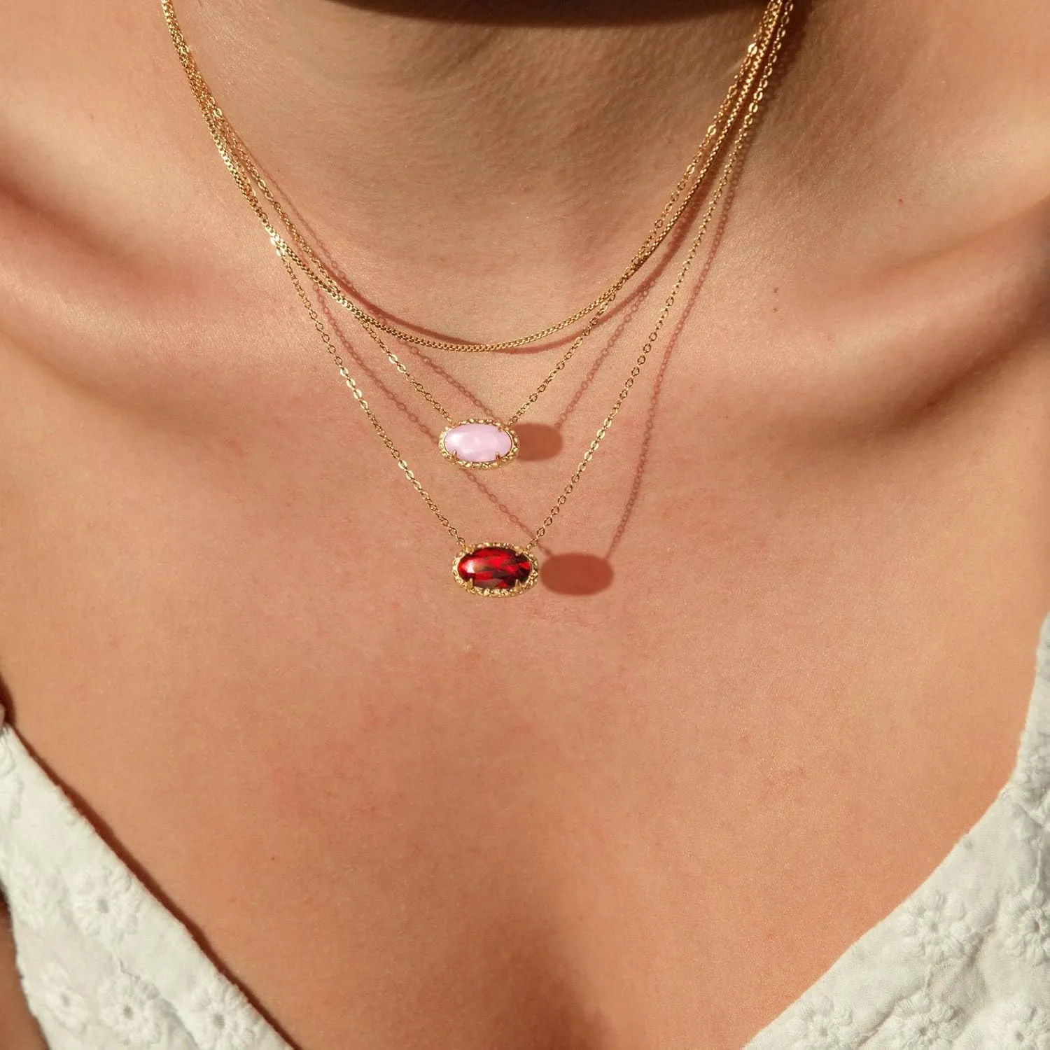 TLY Gold Necklace for Women Non Tarnish 14k Gold Plated Dainty Preppy Pendant Necklace Oval Gemstone Crystal Druzy Stone Rose Quartz Choker Necklace Birthday Wedding Everday Birthstone Jewelry Gifts for Mom