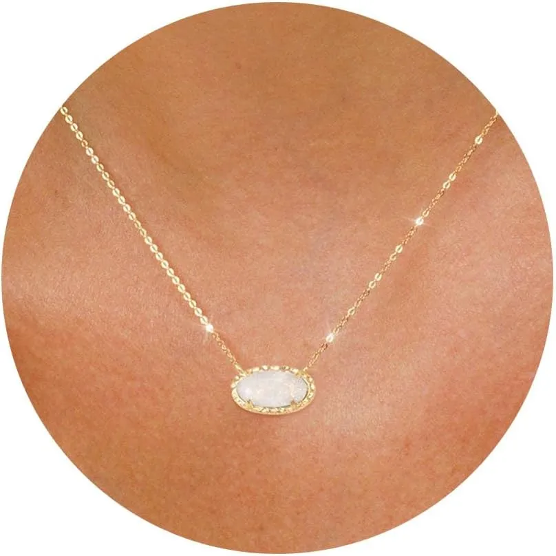 TLY Gold Necklace for Women Non Tarnish 14k Gold Plated Dainty Preppy Pendant Necklace Oval Gemstone Crystal Druzy Stone Rose Quartz Choker Necklace Birthday Wedding Everday Birthstone Jewelry Gifts for Mom