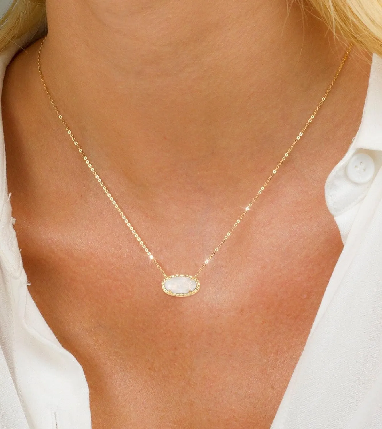 TLY Gold Necklace for Women Non Tarnish 14k Gold Plated Dainty Preppy Pendant Necklace Oval Gemstone Crystal Druzy Stone Rose Quartz Choker Necklace Birthday Wedding Everday Birthstone Jewelry Gifts for Mom