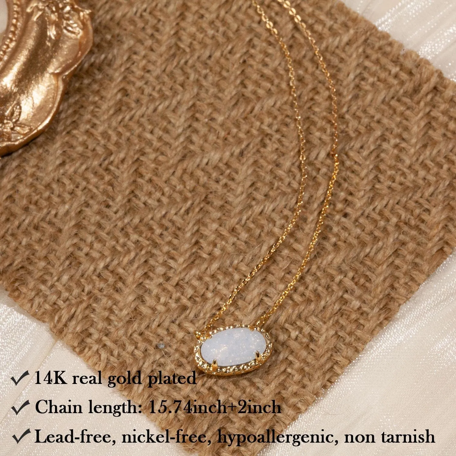 TLY Gold Necklace for Women Non Tarnish 14k Gold Plated Dainty Preppy Pendant Necklace Oval Gemstone Crystal Druzy Stone Rose Quartz Choker Necklace Birthday Wedding Everday Birthstone Jewelry Gifts for Mom