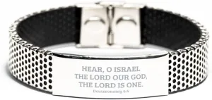 To Jewish Hebrew Prayer Bracelet, Deuteronomy 6 4, Here O Israel The Lord is Our God, Inspirational Message Gifts for Men and Women, Stainless Steel Bracelet