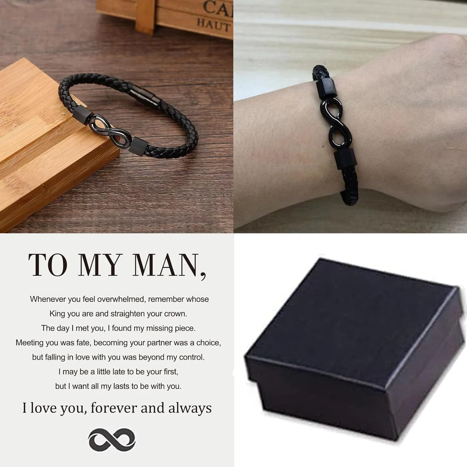 To My Man, Infinity Leather Bracelet Husband Gifts from WifeI Love You Forever and Always Bracelets Boyfriend Anniversary Birthday Christmas Fathers Gifts for Men Son Grandson