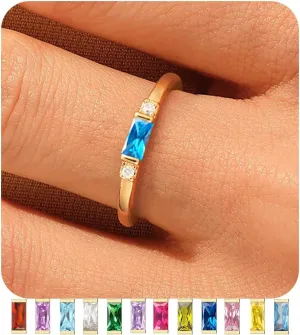 TOBENY Gold Birthstone Rings for Women 14K Gold Plated Non Tarnish Stackable Rings Dainty Emerald Green Gemstone Cubic Zirconia Engagement Wedding Ring for Birthday Jewelry Gifts Size 6-10