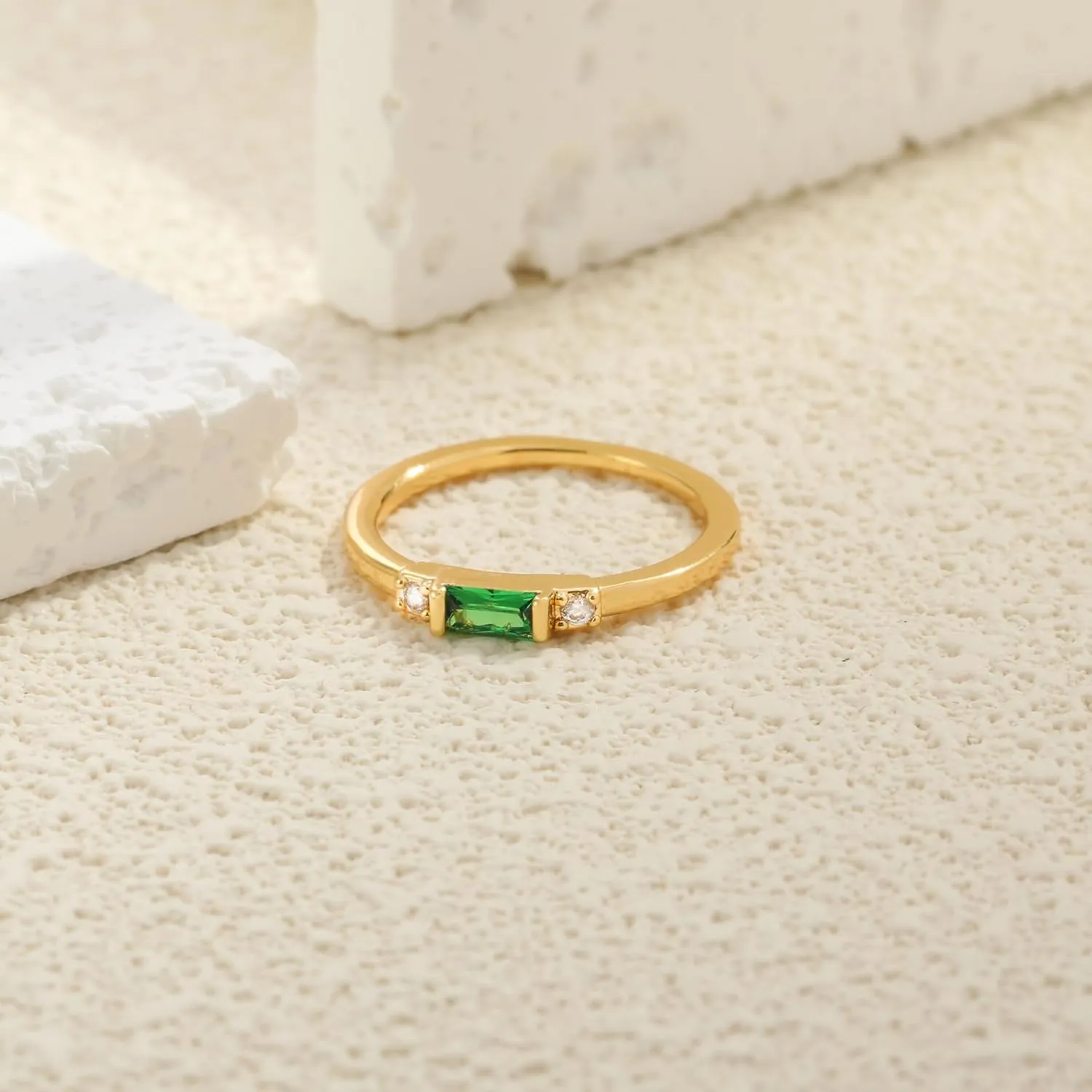 TOBENY Gold Birthstone Rings for Women 14K Gold Plated Non Tarnish Stackable Rings Dainty Emerald Green Gemstone Cubic Zirconia Engagement Wedding Ring for Birthday Jewelry Gifts Size 6-10