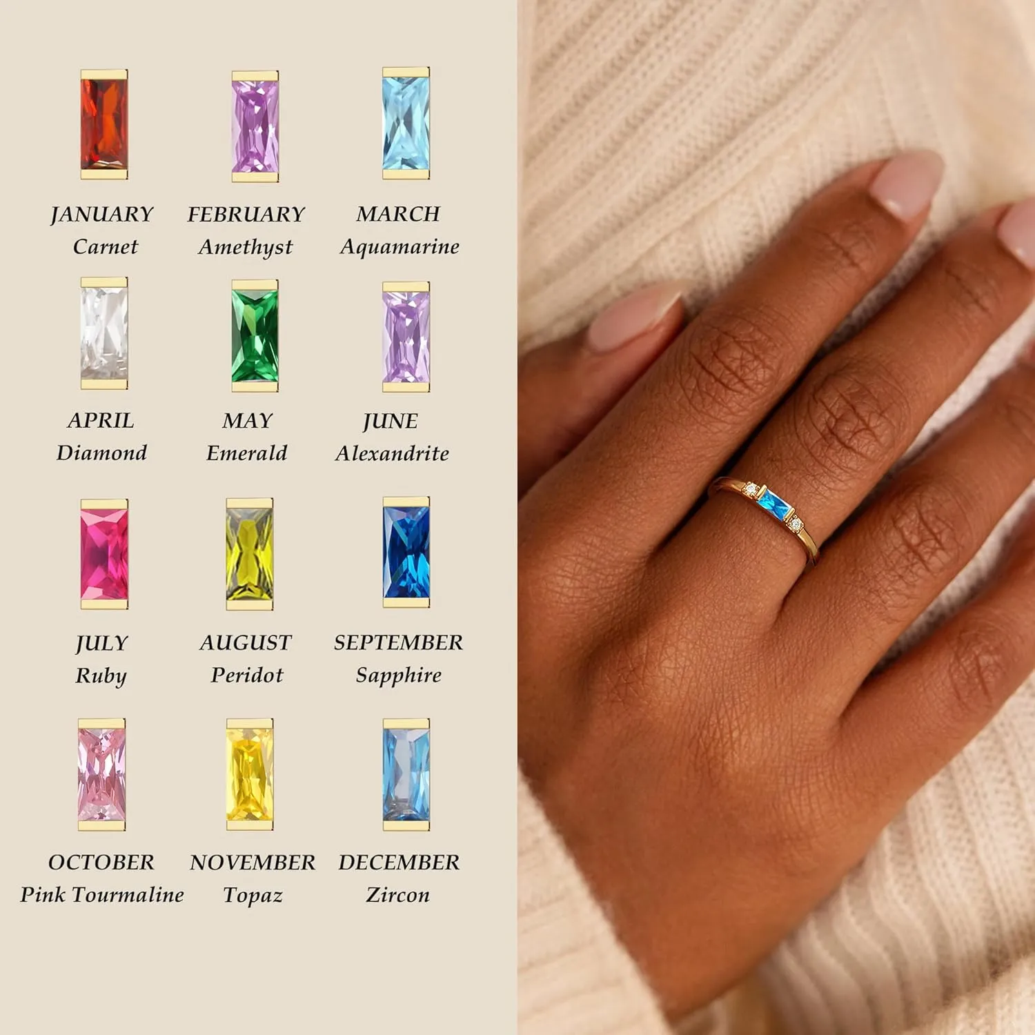 TOBENY Gold Birthstone Rings for Women 14K Gold Plated Non Tarnish Stackable Rings Dainty Emerald Green Gemstone Cubic Zirconia Engagement Wedding Ring for Birthday Jewelry Gifts Size 6-10
