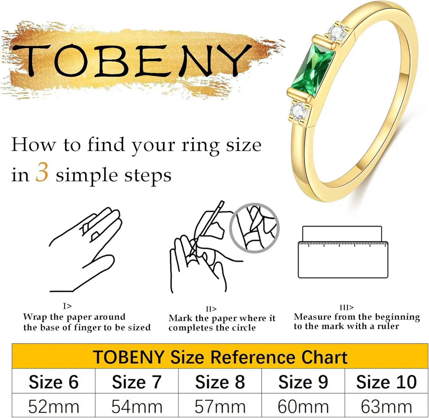 TOBENY Gold Birthstone Rings for Women 14K Gold Plated Non Tarnish Stackable Rings Dainty Emerald Green Gemstone Cubic Zirconia Engagement Wedding Ring for Birthday Jewelry Gifts Size 6-10