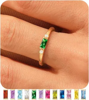 TOBENY Gold Birthstone Rings for Women 14K Gold Plated Non Tarnish Stackable Rings Dainty Emerald Green Gemstone Cubic Zirconia Engagement Wedding Ring for Birthday Jewelry Gifts Size 6-10