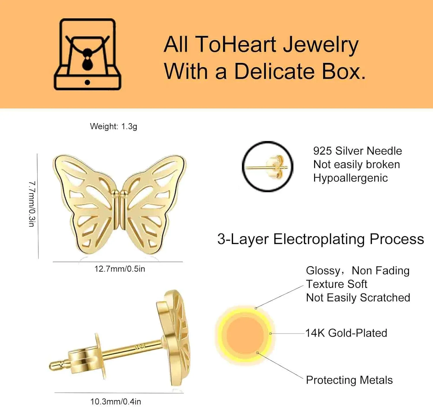 ToHeart 14K Butterfly Earrings for Womens Lightweight Minimalist Gold Butterfly Earrings for Womens Handpicked Gifts Bff Birthday