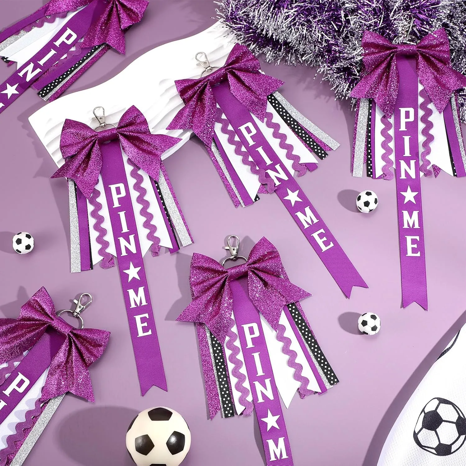 Tondiamo 12 Pcs Cheer Pin Me Ribbon Glitter Cheerleader Bow Keychain Gifts for Backpack Bag Teens Girls Graduation