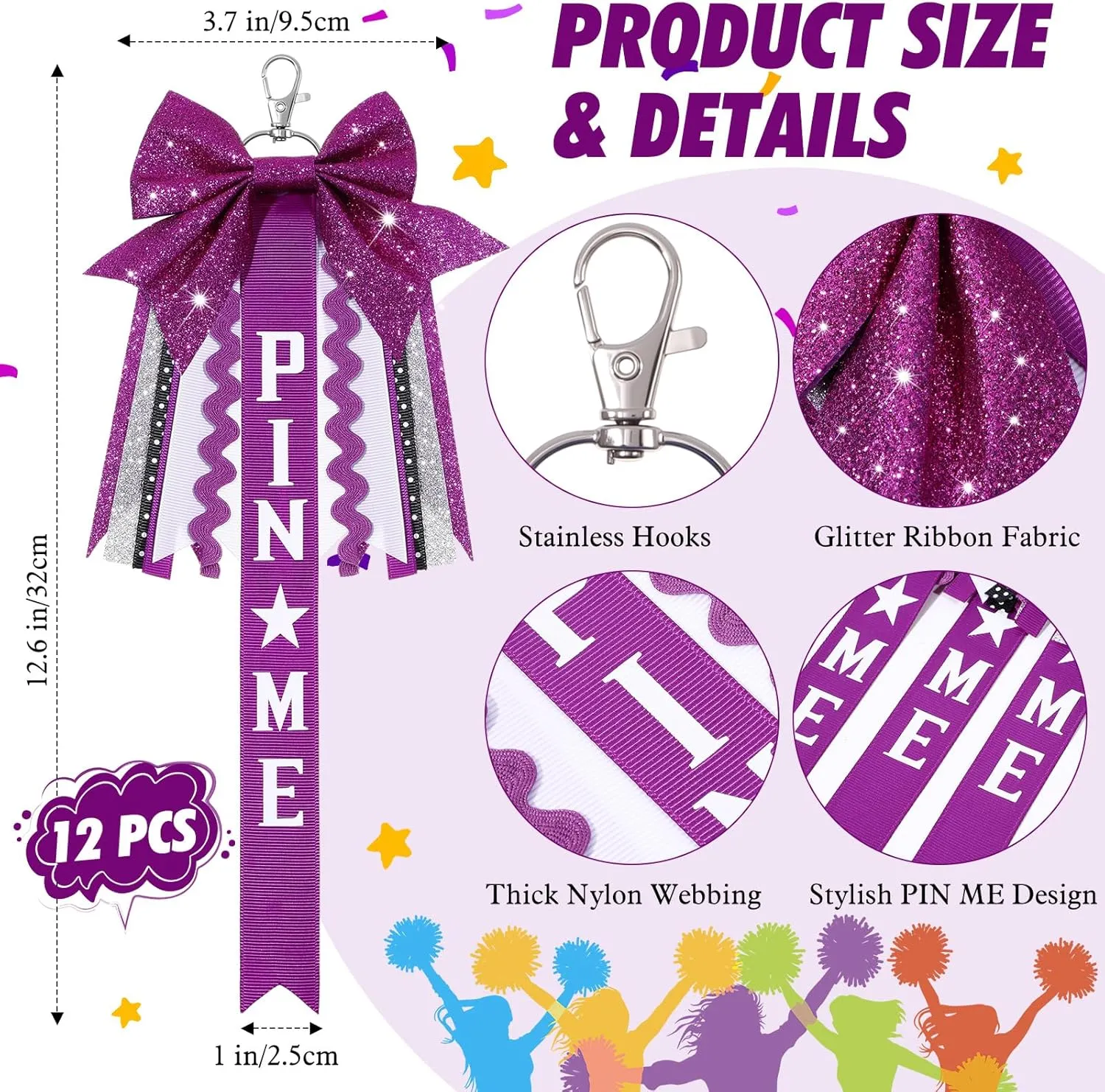 Tondiamo 12 Pcs Cheer Pin Me Ribbon Glitter Cheerleader Bow Keychain Gifts for Backpack Bag Teens Girls Graduation