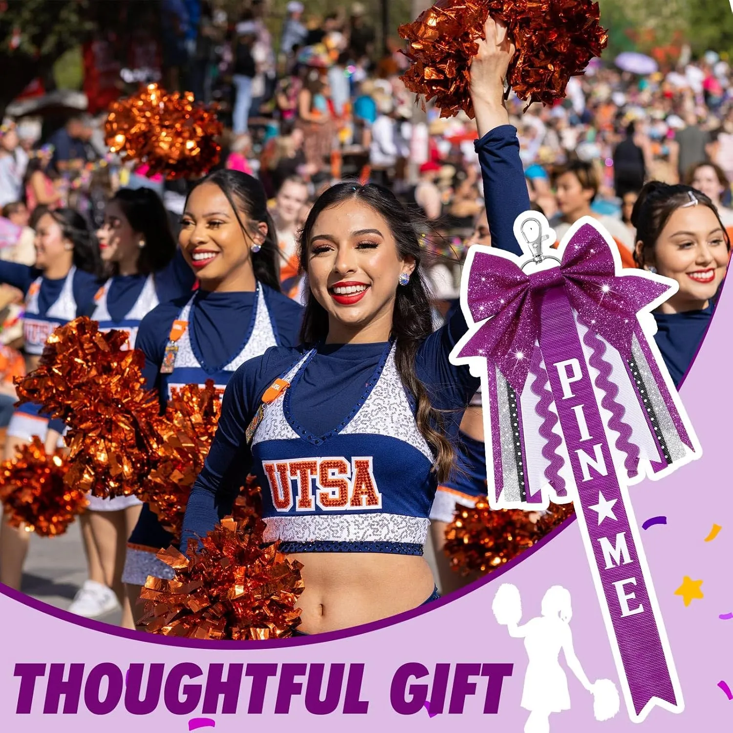 Tondiamo 12 Pcs Cheer Pin Me Ribbon Glitter Cheerleader Bow Keychain Gifts for Backpack Bag Teens Girls Graduation
