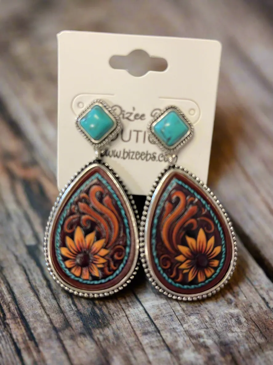 Tooled Leather Sunflower Stone Earrings