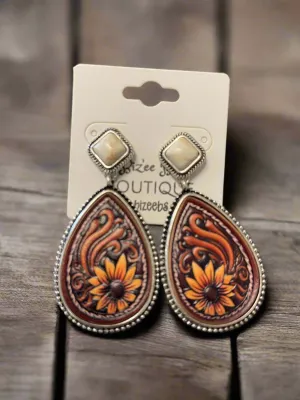 Tooled Leather Sunflower Stone Earrings
