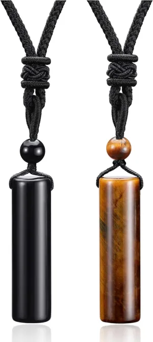 Top Plaza 2 Pcs Healing Crystal Stone Necklaces for Men Amulet Protection Cylindrical Pendant Necklace Adjustable Braided Natural Quartz Gemstone Necklace Jewelry