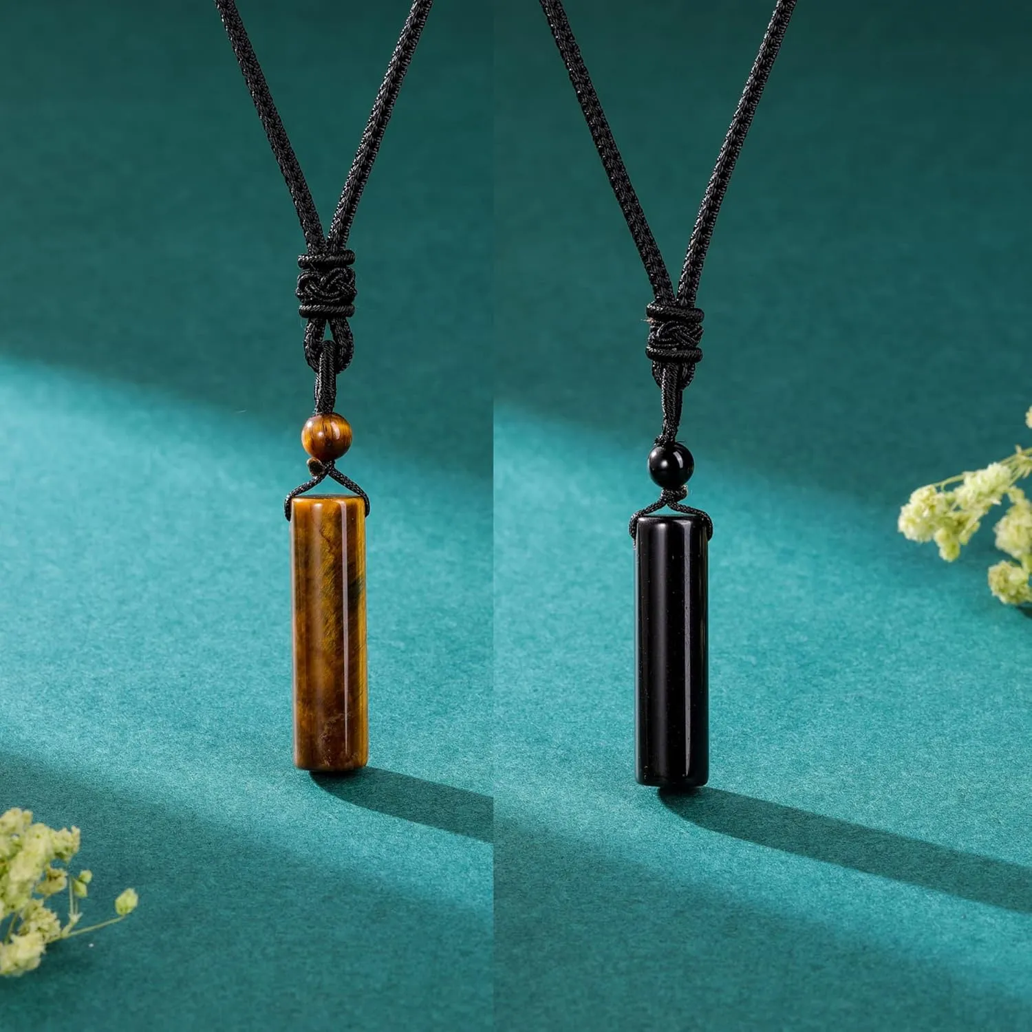 Top Plaza 2 Pcs Healing Crystal Stone Necklaces for Men Amulet Protection Cylindrical Pendant Necklace Adjustable Braided Natural Quartz Gemstone Necklace Jewelry