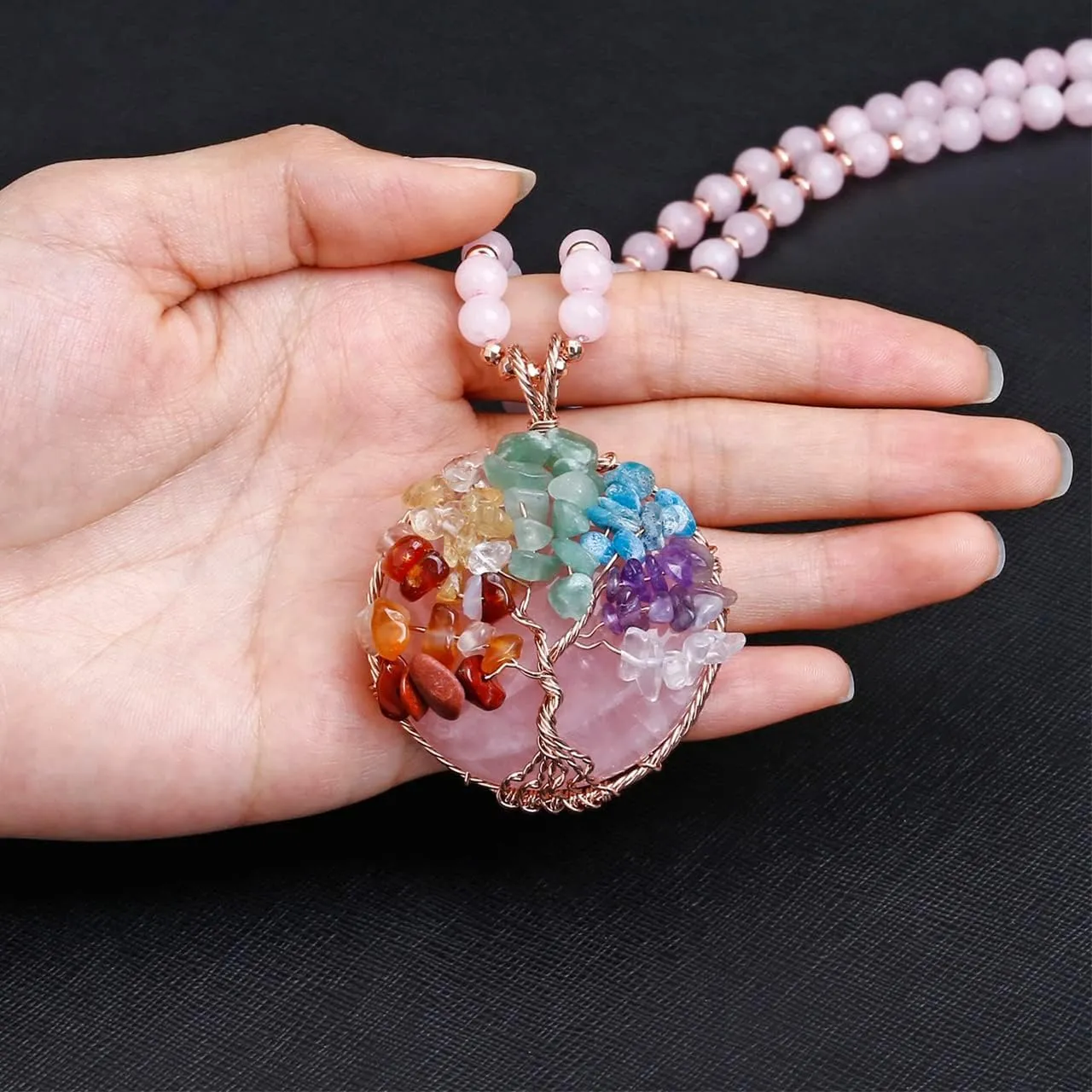Top Plaza 7 Chakra Healing Crystal Natural Round Gemstone Pendant Necklace Life Tree Copper Wire Wrapped Beads Necklaces Reiki Jewelry for Women