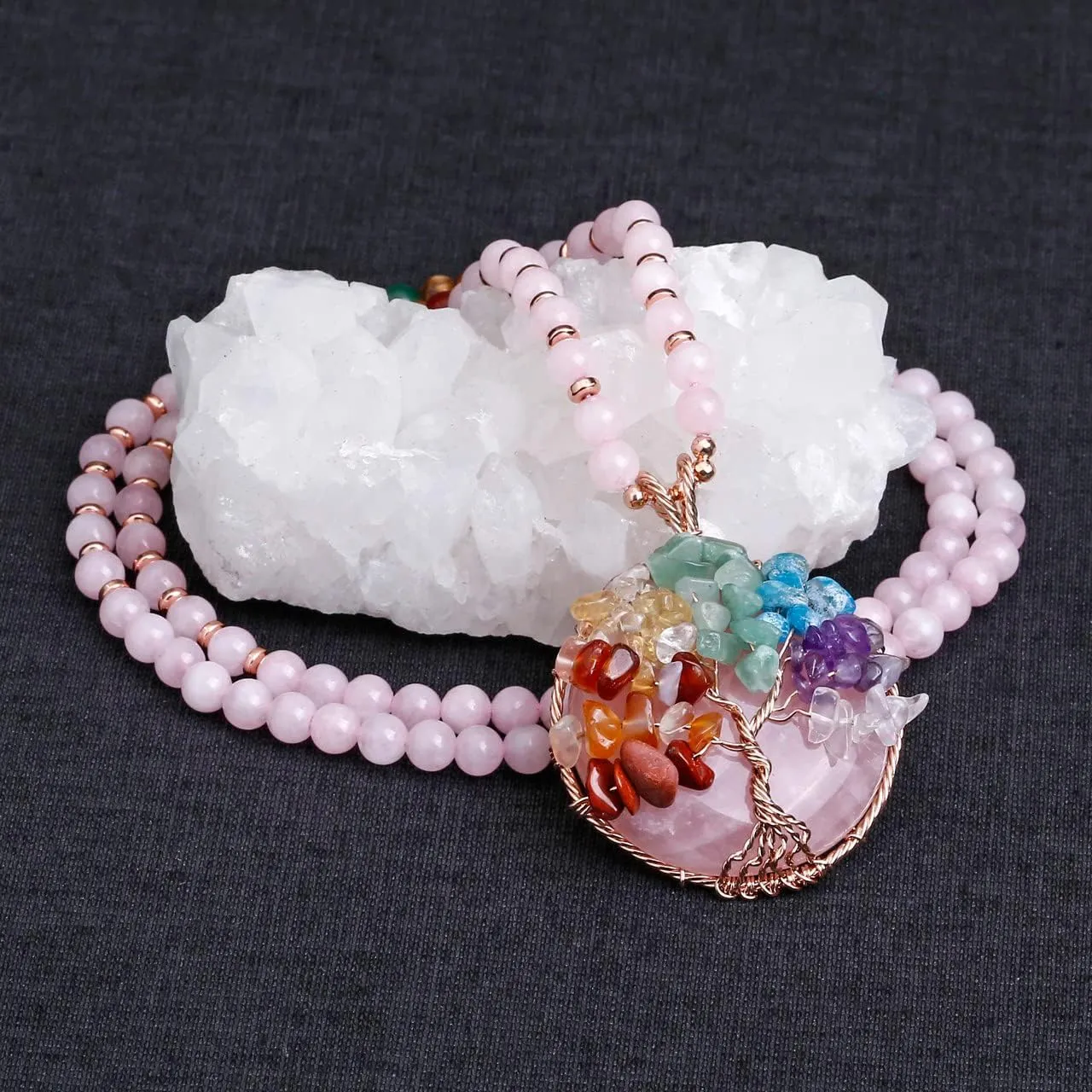 Top Plaza 7 Chakra Healing Crystal Natural Round Gemstone Pendant Necklace Life Tree Copper Wire Wrapped Beads Necklaces Reiki Jewelry for Women