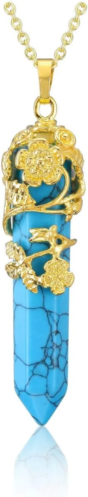 Top Plaza Gold Flower Wrapped Necklace Synthetic Blue Turquoise Healing Crystal Stone Point Pendant Necklaces