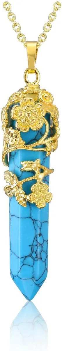 Top Plaza Gold Flower Wrapped Necklace Synthetic Blue Turquoise Healing Crystal Stone Point Pendant Necklaces