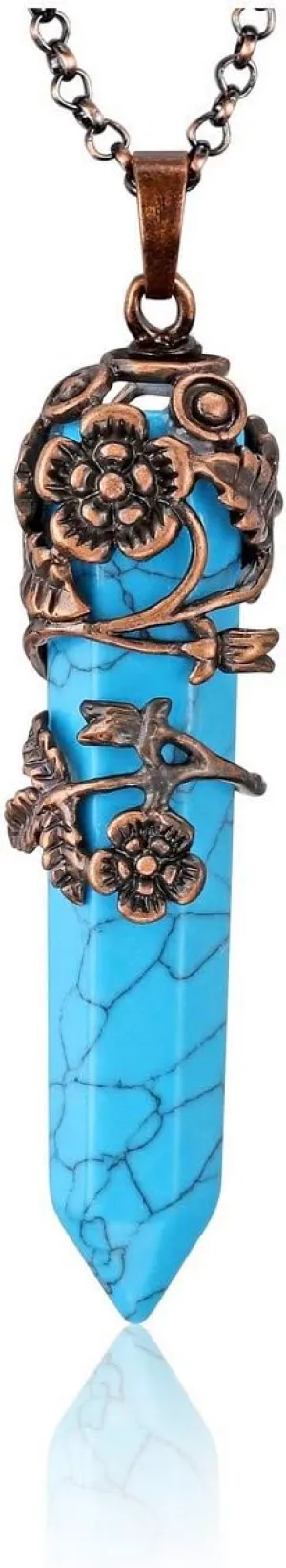 Top Plaza Red Bronze Flower Wrapped Necklace Synthetic Blue Turquoise Healing Crystal Stone Point Pendant Necklaces